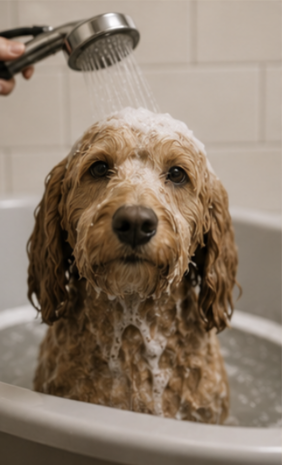 A goldendoodle being rinsed in the bathing tub