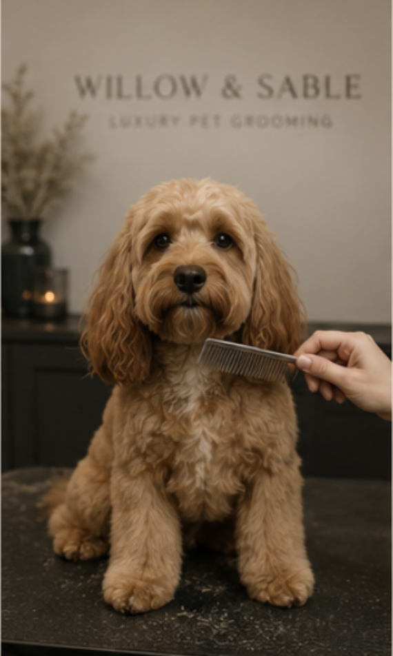 A cockapoo being combed on the grooming table at Willow & Sable