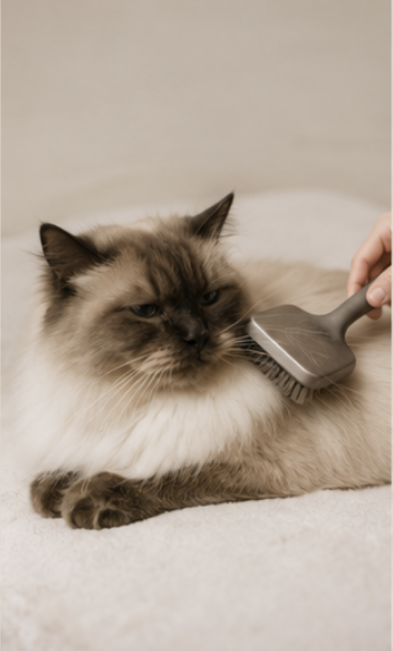 A ragdoll cat being gently brushed