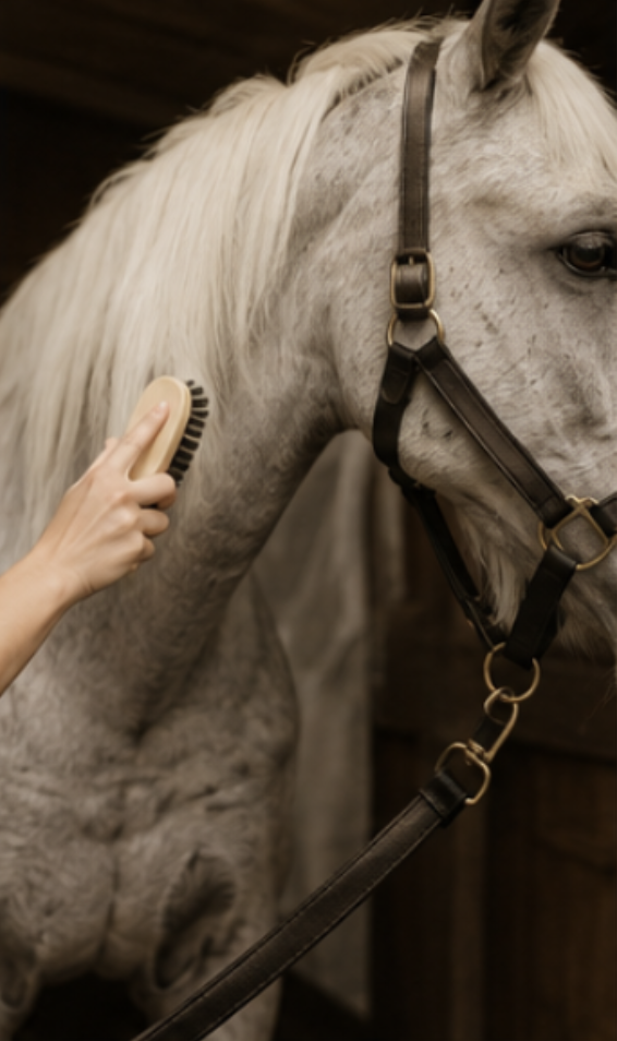 A horse being groomed with a soft brush