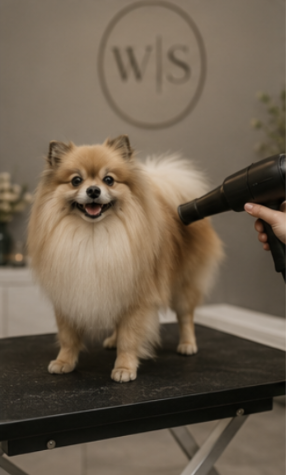 A pomeranian being hand-dried in the studio