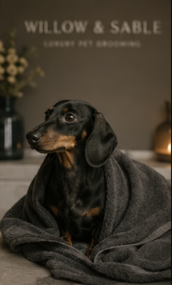 A dachshund wrapped in a towel after bathing